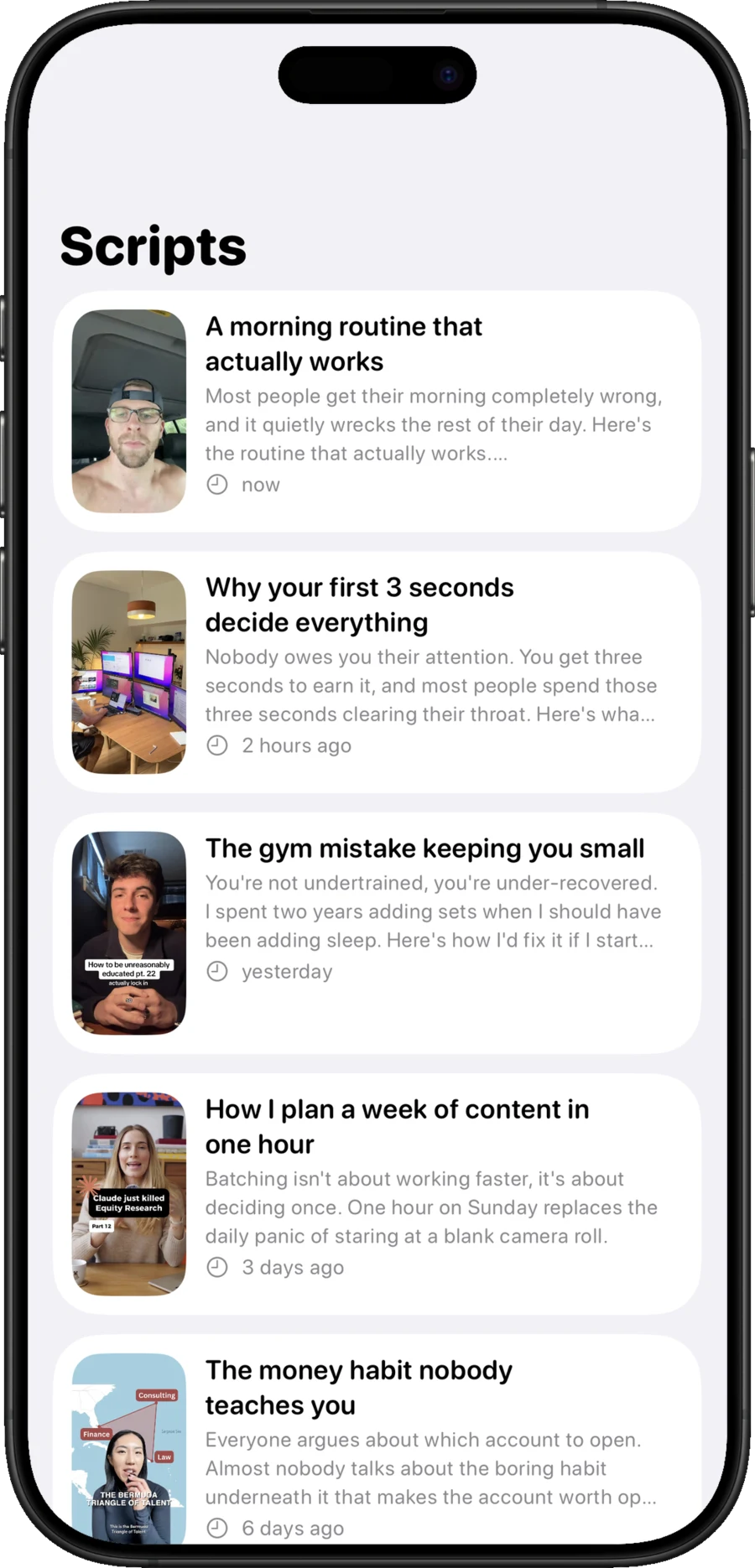 The library of saved AI-generated scripts in the app