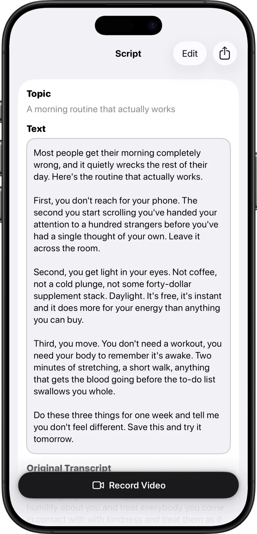 An AI-generated script shown in the app