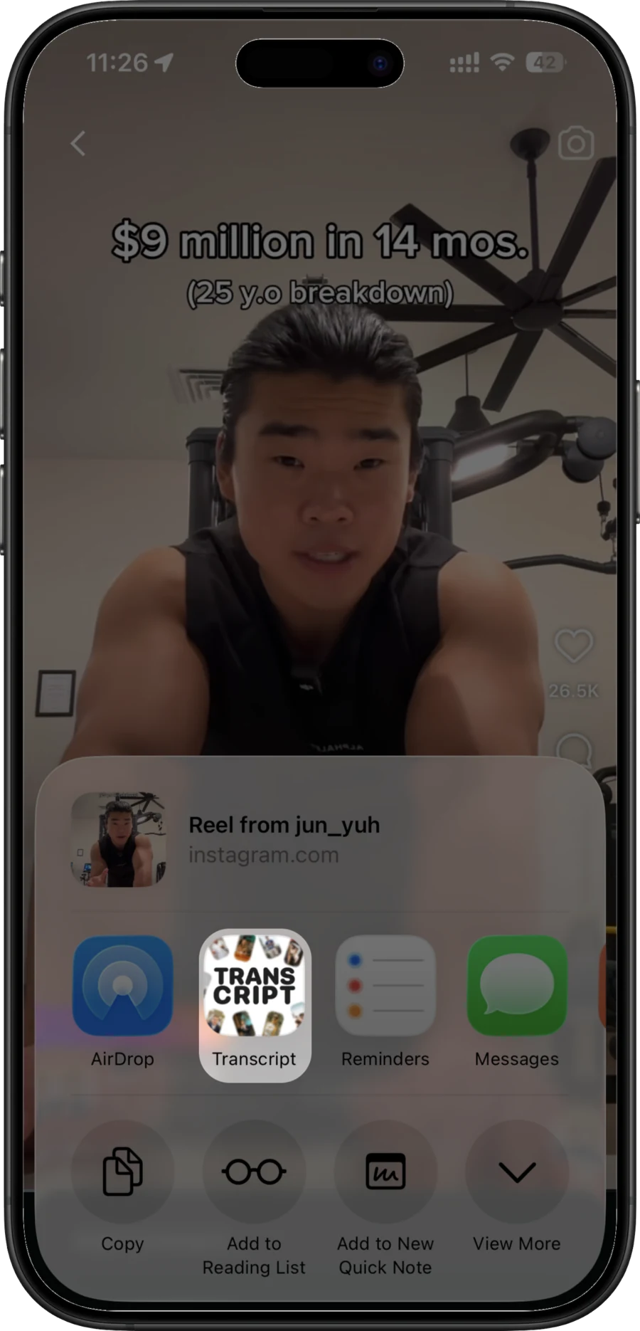 Sharing a reel into the app from the iOS share sheet