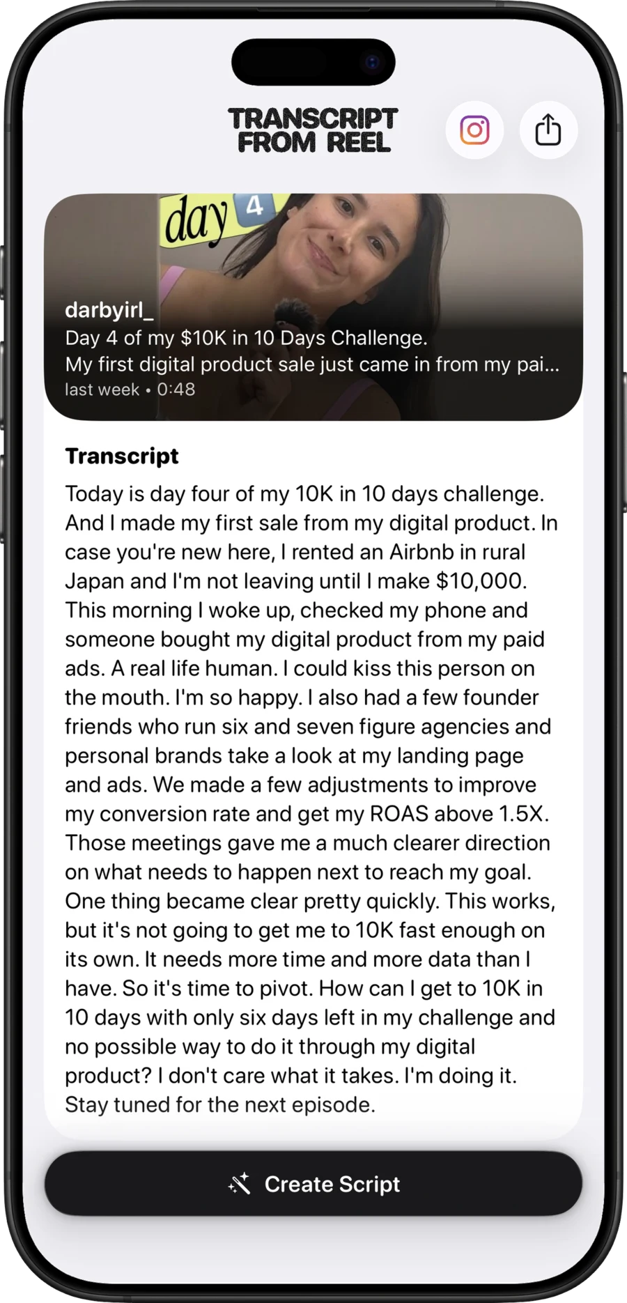An AI transcript of a reel shown in the app